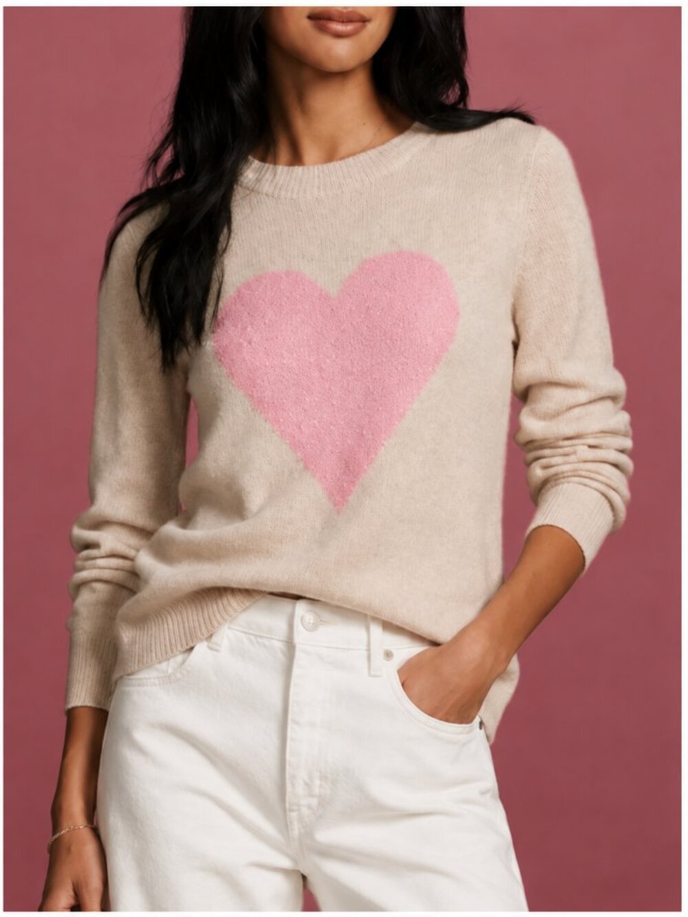 CeCe NWT Pink Sequin Heart Crewneck Sweater Oatmeal Cream Size M Valentine Knit